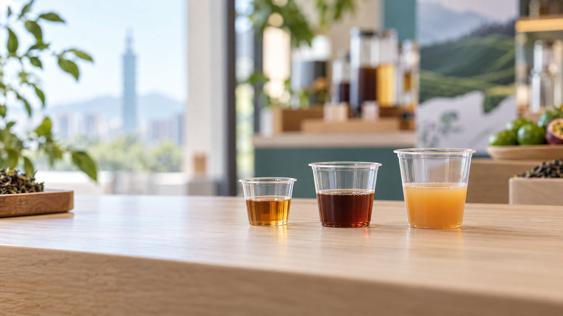 小份飲品分裝在不同容量透明試飲杯的活動試喝情境。